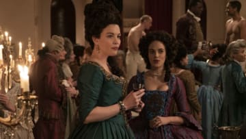 HARLOTS -- Set against the backdrop of 18th century Georgian London, Harlots continues to follow the fortunes of the Wells family. Set a year after the dramatic events of Season 2, Margaret (Samantha Morton) has been sent to America in chains and Lydia Quigley (Lesley Manville) is vanquished and in Bedlam. It seems that the Wells girls can finally free themselves of their motherÕs feud, helped by allies such as Lady Fitz (Liv Tyler). But Charlotte Wells (Jessica Brown-Findlay) soon learns that running a lucrative brothel brings enemies as well as friends, including new pimp in town Isaac Pincher (Alfie Allen). Meanwhile Lydia still finds a way to bite, even in her darkest hour. Lady Isabella Fitzwilliam (Liv Tyler) and Charlotte Wells (Jessica Brown Findlay), shown. (Photo by: Liam Daniel/Hulu)