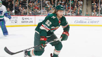 ST. PAUL, MN - OCTOBER 24: Justin Kloos #82 of the Minnesota Wild skates against the Vancouver Canucks during the game at the Xcel Energy Center on October 24, 2017 in St. Paul, Minnesota. (Photo by Bruce Kluckhohn/NHLI via Getty Images)