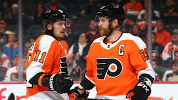 PHILADELPHIA, PA - JANUARY 16: Travis Konecny #11 and Claude Giroux #28 of the Philadelphia Flyers in action against the Montreal Canadiens at the Wells Fargo Center on January 16, 2020 in Philadelphia, Pennsylvania. (Photo by Mitchell Leff/Getty Images)