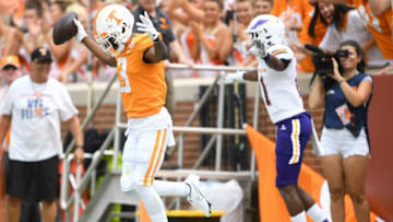 Tennessee wide receiver JaVonta Payton (3) celebrates a touchdown catch as Tennessee Tech defensive back Nyquan Washington (21) motions for an incomplete pass during a NCAA football game against Tennessee Tech at Neyland Stadium in Knoxville, Tenn. on Saturday, Sept. 18, 2021.Kns Tennessee Tenn Tech Football