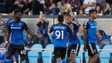 Jul 16, 2016; San Jose, CA, USA; San Jose Earthquakes forward Quincy Amarikwa (25) celebrates with midfielder Alberto Quintero (91) after a goal against Toronto FC during the first half at Avaya Stadium. Mandatory Credit: Kelley L Cox-USA TODAY Sports