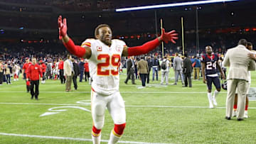 Jan 9, 2016; Houston, TX, USA; Kansas City Chiefs free safety Eric Berry (29) celebrates after defeating the Houston Texans in a AFC Wild Card playoff football game at NRG Stadium. Kansas City won 30-0. Mandatory Credit: Troy Taormina-USA TODAY Sports