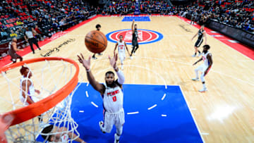 DETROIT, MI - FEBRUARY 7: Andre Drummond #0 of the Detroit Pistons rebounds the ball during the game against the Brooklyn Nets on February 7, 2018 at Little Caesars Arena in Detroit, Michigan. NOTE TO USER: User expressly acknowledges and agrees that, by downloading and/or using this photograph, User is consenting to the terms and conditions of the Getty Images License Agreement. Mandatory Copyright Notice: Copyright 2018 NBAE (Photo by Chris Schwegler/NBAE via Getty Images)