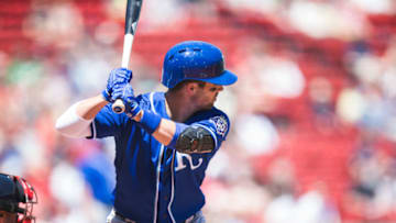 BOSTON, MA - MAY 2: Whit Merrifield #15 of the Kansas City Royals bats during the game against the Boston Red Sox at Fenway Park on Wednesday May 2, 2018 in Boston, Massachusetts. (Photo by Rob Tringali/SportsChrome/Getty Images) *** Local Caption *** Whit Merrifield