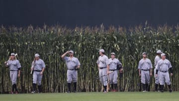 PORTLAND, ME - AUGUST 29: The Portland Sea Dogs enter Hadlock Field through a corn field wearing throwback uniforms as part of their annual Field of Dreams game Wednesday, August 29, 2018. (Staff photo by Shawn Patrick Ouellette/Portland Press Herald via Getty Images)