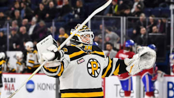 LAVAL, QC - MARCH 20: Goaltender Zane McIntyre #31 of the Providence Bruins stretches against the Laval Rocket during the AHL game at Place Bell on March 20, 2019 in Laval, Quebec, Canada. The Laval Rocket defeated the Providence Bruins 3-2 in a shootout. (Photo by Minas Panagiotakis/Getty Images)