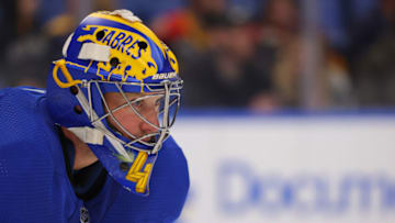 Oct 4, 2022; Buffalo, New York, USA; Buffalo Sabres goaltender Craig Anderson (41) during a stoppage in play against the Carolina Hurricanes in the first period at KeyBank Center. Mandatory Credit: Timothy T. Ludwig-USA TODAY Sports