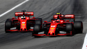 BARCELONA, SPAIN - MAY 12: Charles Leclerc of Monaco driving the (16) Scuderia Ferrari SF90 overtakes Sebastian Vettel of Germany driving the (5) Scuderia Ferrari SF90 on track during the F1 Grand Prix of Spain at Circuit de Barcelona-Catalunya on May 12, 2019 in Barcelona, Spain. (Photo by Dan Istitene/Getty Images)