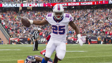 Oct 2, 2016; Foxborough, MA, USA; Buffalo Bills running back LeSean McCoy (25) gets past New England Patriots cornerback Malcolm Butler (21) for a touchdown during the first half at Gillette Stadium. Mandatory Credit: Winslow Townson-USA TODAY Sports