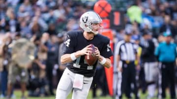 Sep 1, 2016; Oakland, CA, USA; Oakland Raiders quarterback Matt McGloin (14) controls the ball Seattle Seahawks during the first quarter at Oakland Coliseum. Mandatory Credit: Kelley L Cox-USA TODAY Sports
