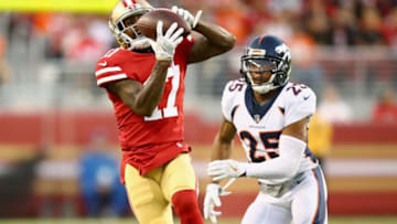 SANTA CLARA, CA - AUGUST 19: Jeremy Kerley #17 of the San Francisco 49ers catches the ball while covered by Chris Harris Jr. #25 of the Denver Broncos at Levi's Stadium on August 19, 2017 in Santa Clara, California. (Photo by Ezra Shaw/Getty Images)