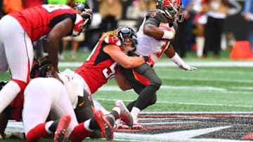 ATLANTA, GA - OCTOBER 14: Jameis Winston #3 of the Tampa Bay Buccaneers is tackled by Brooks Reed #50 of the Atlanta Falcons during the second quarter at Mercedes-Benz Stadium on October 14, 2018 in Atlanta, Georgia. (Photo by Scott Cunningham/Getty Images)