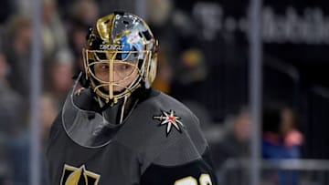 Marc-Andre Fleury #29 of the Vegas Golden Knights takes a break during a stop in play. (Photo by Ethan Miller/Getty Images)