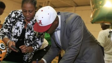 Feb 3, 2016; Gordo, AL, USA; Gordo High School linebacker Ben Davis fields questions after committing to the Alabama Crimson Tide at the University of Alabama during national signing day at Gordo High School. Mandatory Credit: Marvin Gentry-USA TODAY Sports