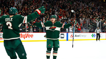 ST. PAUL, MN - OCTOBER 20: Minnesota Wild right wing Mikael Granlund (64), center, celebrates after scoring the game winning goal in overtime during the regular season game between the Tampa Bay Lightning and the Minnesota Wild on October 20, 2018 at Xcel Energy Center in St. Paul, Minnesota. The Minnesota Wild defeated the Tampa Bay Lightning 5-4 in overtime. (Photo by David Berding/Icon Sportswire via Getty Images)