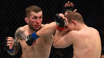 NASHVILLE, TN - APRIL 22: (L-R) Stevie Ray of Scotland elbows Joe Lauzon in their lightweight bout during the UFC Fight Night event at Bridgestone Arena on April 22, 2017 in Nashville, Tennessee. (Photo by Jeff Bottari/Zuffa LLC/Zuffa LLC via Getty Images)