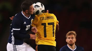 GLASGOW, SCOTLAND - SEPTEMBER 07: Callum McGregor and Stuart Armstrong of Scotland battles for the ball with Youri Tielemans of Belgium during the International Friendly match between Scotland and Belgium at Hampden Park on September 7, 2018 in Glasgow, United Kingdom. (Photo by Ian MacNicol/Getty Images)