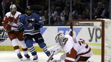 Jan 7, 2016; San Jose, CA, USA; Detroit Red Wings goalie Petr Mrazek (34) makes a save against the San Jose Sharks in the third period at SAP Center at San Jose. Detroit Red Wings defeat the San Jose Sharks 2 to 1. Mandatory Credit: Neville E. Guard-USA TODAY Sports