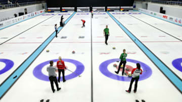 SOCHI, RUSSIA - NOVEMBER 12, 2017: Sochi International Mixed Doubles event of the 2017/18 World Curling Tour (WCT) at the Ice Cube curling centre. Valery Sharifulin/TASS (Photo by Valery Sharifulin\TASS via Getty Images)