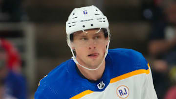 Nov 7, 2023; Raleigh, North Carolina, USA; Buffalo Sabres defenseman Erik Johnson (6) looks on against the Carolina Hurricanes during the third period at PNC Arena. Mandatory Credit: James Guillory-USA TODAY Sports