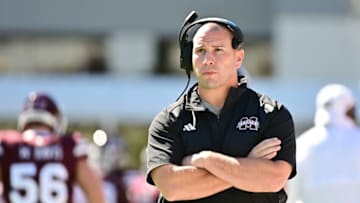 Oct 7, 2023; Starkville, Mississippi, USA; Mississippi State Bulldogs head coach Zach Arnett looks on during the first quarter of the game against the Western Michigan Broncos at Davis Wade Stadium at Scott Field. Mandatory Credit: Matt Bush-USA TODAY Sports