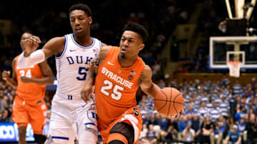 DURHAM, NORTH CAROLINA - JANUARY 14: Tyus Battle #25 of the Syracuse Orange drives against RJ Barrett #5 of the Duke Blue Devils during the first half of their game at Cameron Indoor Stadium on January 14, 2019 in Durham, North Carolina. (Photo by Grant Halverson/Getty Images)