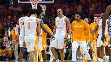 KNOXVILLE, TN - MARCH 2: Tennessee Volunteers celebrate as the walk off the court during a college basketball game between the Tennessee Volunteers and Kentucky Wildcats on March 2, 2019, at Thompson-Boling Arena in Knoxville, TN. (Photo by Bryan Lynn/Icon Sportswire via Getty Images)
