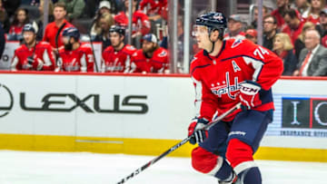 WASHINGTON, DC - OCTOBER 16: Washington Capitals defenseman John Carlson (74) starts an attack during a NHL game between the Washington Capitals and the Toronto Maple Leafs on October 16, 2019, at Capital One Arena, in Washington D.C.(Photo by Tony Quinn/Icon Sportswire via Getty Images)