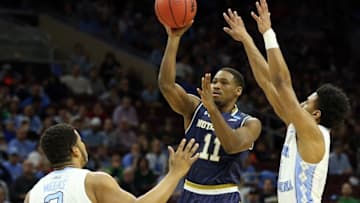 Mar 27, 2016; Philadelphia, PA, USA; Notre Dame Fighting Irish guard Demetrius Jackson (11) shoots against North Carolina Tar Heels forward Kennedy Meeks (3) during the first half in the championship game in the East regional of the NCAA Tournament at Wells Fargo Center. Mandatory Credit: Bill Streicher-USA TODAY Sports