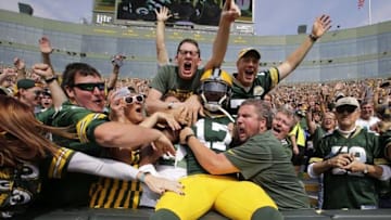 Sep 25, 2016; Green Bay, WI, USA; Green Bay Packers wide receiver Davante Adams (17) celebrates a touchdown reception during the first quarter of their game against the Detroit Lions at Lambeau Field. Mandatory Credit: Dan Powers/The Post-Crescent via USA TODAY Sports
