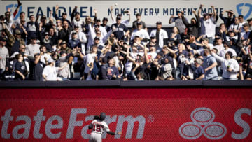 NEW YORK, NY - APRIL 8: Jackie Bradley Jr. #19 of the Boston Red Sox attempts to catch the home run hit by DJ LeMahieu #26 of the New York Yankees during the eighth inning of the 2022 Major League Baseball Opening Day game against the New York Yankees on April 8, 2022 at Yankee Stadium in the Bronx borough of New York City. (Photo by Maddie Malhotra/Boston Red Sox/Getty Images)