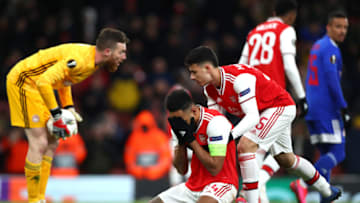 LONDON, ENGLAND - FEBRUARY 27: Pierre-Emerick Aubameyang of Arsenal reacts during the UEFA Europa League round of 32 second leg match between Arsenal FC and Olympiacos FC at Emirates Stadium on February 27, 2020 in London, United Kingdom. (Photo by Chloe Knott - Danehouse/Getty Images)