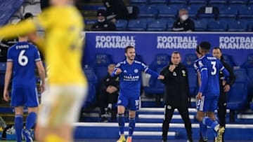 James Maddison of Leicester City with Wesley Fofana, Brendan Rogers (Photo by Michael Regan/Getty Images)