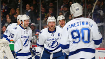 NEW YORK, NY - NOVEMBER 14: Steven Stamkos and Nikita Kucherov celebrate after Vladislav Namestnikov scores his second period goal against the New York Islanders at the Barclays Center on November 14, 2016.