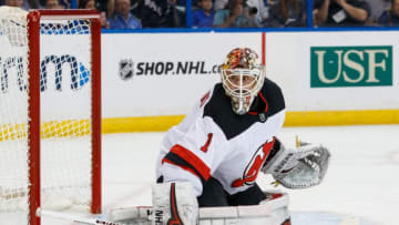 TAMPA, FL - APRIL 14: Goalie Keith Kinkaid #1 of the New Jersey Devils against the Tampa Bay Lightning in Game Two of the Eastern Conference First Round during the 2018 NHL Stanley Cup Playoffs at Amalie Arena on April 14, 2018 in Tampa, Florida. (Photo by Scott Audette /NHLI via Getty Images)"n