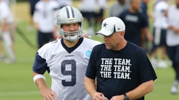 May 25, 2016; Irving, TX, USA; Dallas Cowboys quarterback Tony Romo (9) talks with offensive coordinator coordinator Scott Linehan during organized team activities at Dallas Cowboys Headquarters. Mandatory Credit: Matthew Emmons-USA TODAY Sports