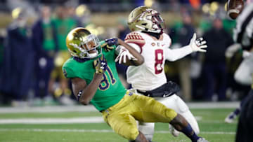 SOUTH BEND, IN - NOVEMBER 10: Stanford Samuels III #8 of the Florida State Seminoles breaks up a pass against Miles Boykin #81 of the Notre Dame Fighting Irish in the third quarter of the game at Notre Dame Stadium on November 10, 2018 in South Bend, Indiana. (Photo by Joe Robbins/Getty Images)