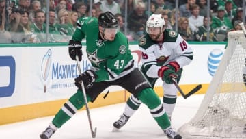 Apr 16, 2016; Dallas, TX, USA; Dallas Stars right wing Valeri Nichushkin (43) keeps the puck away from Minnesota Wild center Jarret Stoll (19) during the second period of game two of the first round of the 2016 Stanley Cup Playoffs at the American Airlines Center. Mandatory Credit: Jerome Miron-USA TODAY Sports