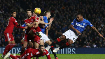 GLASGOW, SCOTLAND - DECEMBER 05: Alfredo Morelos of Rangers heads at goal during the Scottish Ladbrokes Premiership match between Rangers and Aberdeen at Ibrox Stadium on December 5, 2018 in Glasgow, Scotland. (Photo by Ian MacNicol/Getty Images)