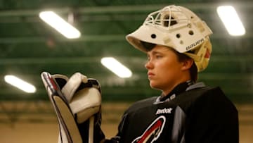 SCOTTSDALE, AZ - JULY 08: Goaltender Erik Kallgren #70 of the Arizona Coyotes participates in the prospect development camp at the Ice Den on July 8, 2015 in Scottsdale, Arizona. (Photo by Christian Petersen/Getty Images)