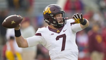 Nov 26, 2016; Madison, WI, USA; Minnesota Golden Gophers quarterback Mitch Leidner (7) throws a pass during warmups prior to the game against the Wisconsin Badgers at Camp Randall Stadium. Mandatory Credit: Jeff Hanisch-USA TODAY Sports