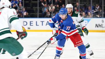 NEW YORK, NY - FEBRUARY 21: Filip Chytil #72 of the New York Rangers skates with the puck against the Minnesota WIld at Madison Square Garden on February 21, 2019 in New York City. (Photo by Jared Silber/NHLI via Getty Images)