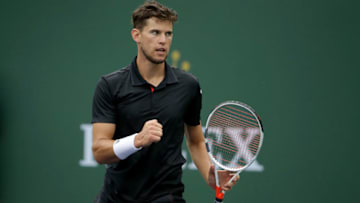 INDIAN WELLS, CA - MARCH 10: Dominic Thiem of Austria reacts after winning a point against Stefanos Tsitsipas of Greece during the BNP Paribas Open on March 10, 2018 at the Indian Wells Tennis Garden in Indian Wells, California. (Photo by Jeff Gross/Getty Images)