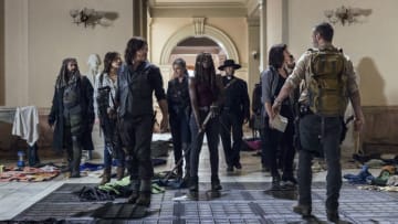 Khary Payton as Ezekiel, Lauren Cohan as Maggie Rhee, Norman Reedus as Daryl Dixon, Melissa McBride as Carol Peletier, Danai Gurira as Michonne, Seth Gilliam as Father Gabriel Stokes, Pollyanna McIntosh as Jadis/Anne, Avi Nash as Siddiq, Andrew Lincoln as Rick Grimes - The Walking Dead _ Season 9, Episode 1 - Photo Credit: Jackson Lee Davis/AMC