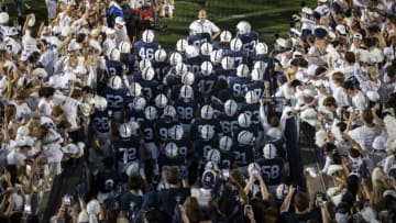 STATE COLLEGE, PA - SEPTEMBER 18: Head coach James Franklin of the Penn State Nittany Lions prepares to lead his team onto the field before the white out game against the Auburn Tigers at Beaver Stadium on September 18, 2021 in State College, Pennsylvania. (Photo by Scott Taetsch/Getty Images)