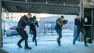 CHICAGO P.D. -- "Night In Chicago" Episode 613 -- Pictured: (l-r) Patrick John Flueger as Adam Ruzek, Marina Squerciati as Kim Burgess, Tracy Spiridakos as Hailey Upton, Jesse Lee Soffer as Jay Halstead -- (Photo by: Matt Dinerstein/NBC)