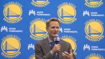 May 20, 2014; Oakland, CA, USA; Steve Kerr addresses the media in a press conference after being introduced as the new head coach for the Golden State Warriors at the Warriors Practice Facility. Mandatory Credit: Kyle Terada-USA TODAY Sports