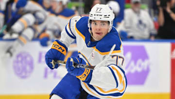 Nov 4, 2023; Toronto, Ontario, CAN; Buffalo Sabres forward JJ Peterka (77) pursues the play against the Toronto Maple Leafs in the third period at Scotiabank Arena. Mandatory Credit: Dan Hamilton-USA TODAY Sports
