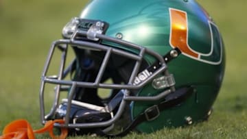 Oct 4, 2014; Atlanta, GA, USA; Miami Hurricanes helmet on the field before a game against the Georgia Tech Yellow Jackets at Bobby Dodd Stadium. Mandatory Credit: Brett Davis-USA TODAY Sports