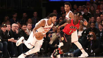 Nov 20, 2016; New York, NY, USA; New York Knicks guard Derrick Rose (25) drives past Atlanta Hawks guard Dennis Schroder (17) during the third quarter at Madison Square Garden. New York Knicks won 104-94. Mandatory Credit: Anthony Gruppuso-USA TODAY Sports